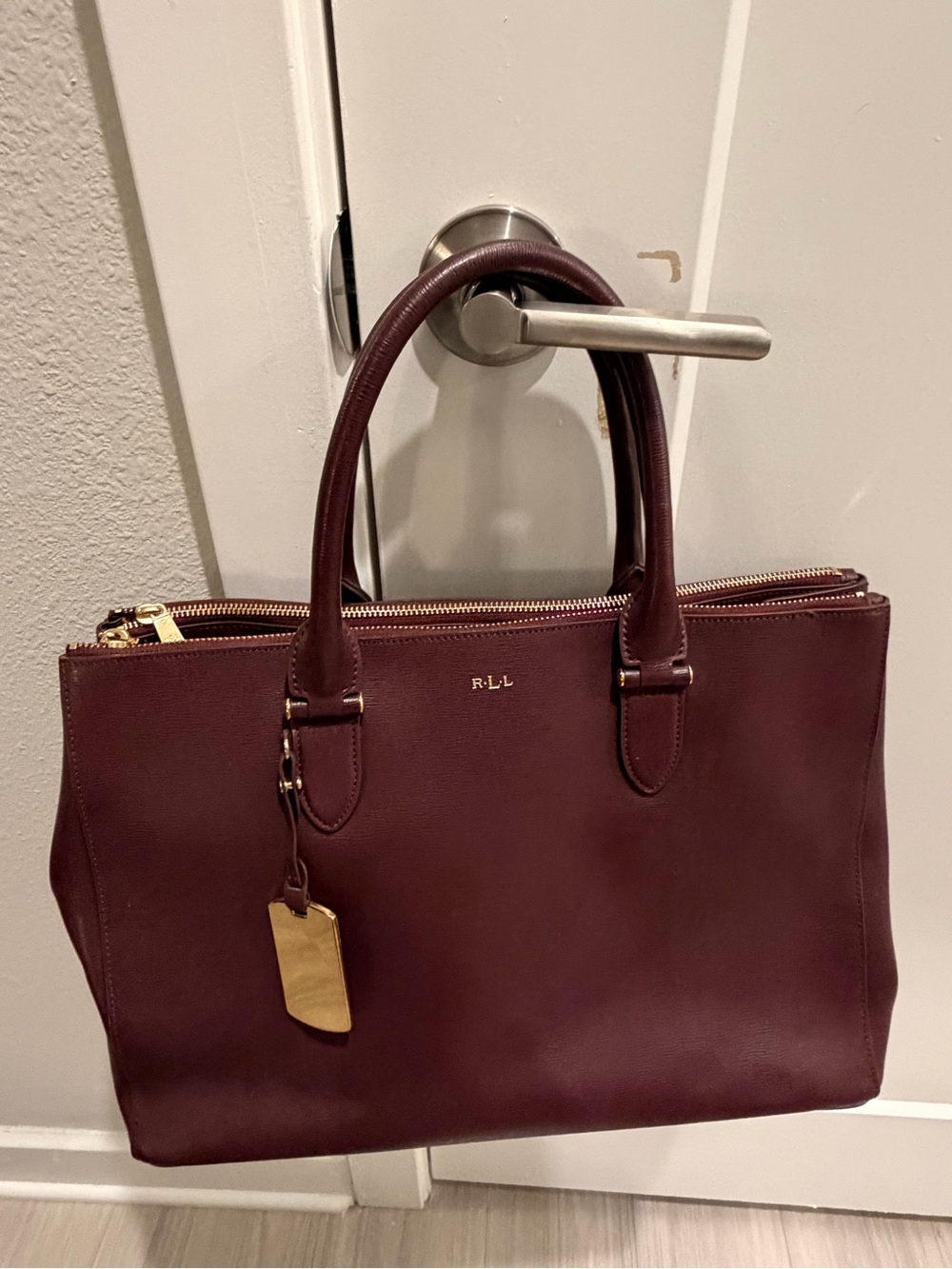 Lauren Ralph Lauren Burgundy Leather Tote with Gold Hardware
